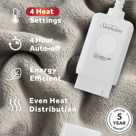 SUNBEAM ELECTRIC HEATED THROW BLANKET OVERSIZE WASHED STONE MICROPLUSH 4 HEAT SETTINGS