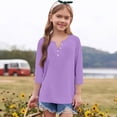thumbnail image 2 of CCRFTGI 3/4 Length Sleeve Shirts for Child Girls Size 6-7 Cute Solid Raglan T Shirts Trendy V Neck Button Tee Shirts Soft Spring Day Outfit Purple 9-10 Years, 2 of 5
