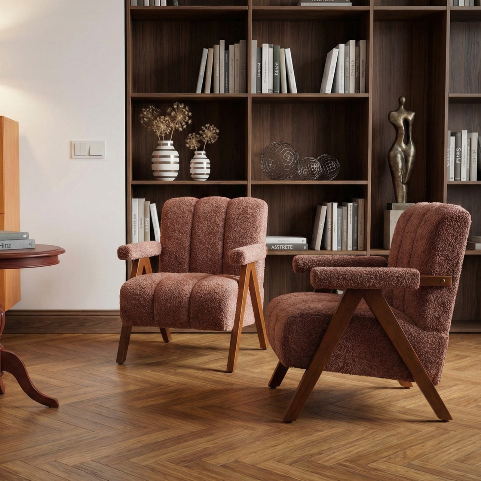 Mid-Century Modern Accent Chair Set of 2, Cloud-Shaped Chenille Lounge Armchair with Solid Oak Wood Frame, Upholstered Reading Chair for Living Room Bedroom Balcony, Rust Red