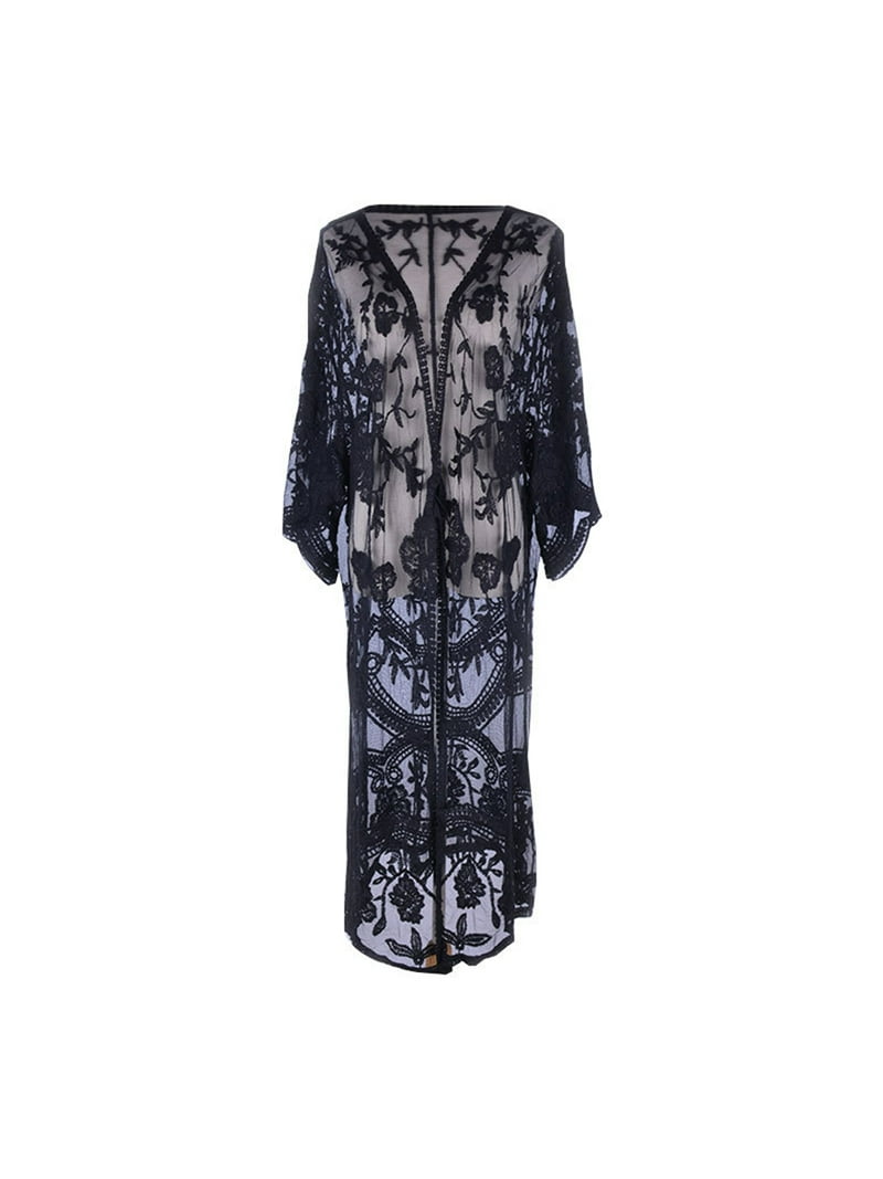 LEZMORE Women Swimsuit Cover up Mesh Lace Kimono Cardigan Open
