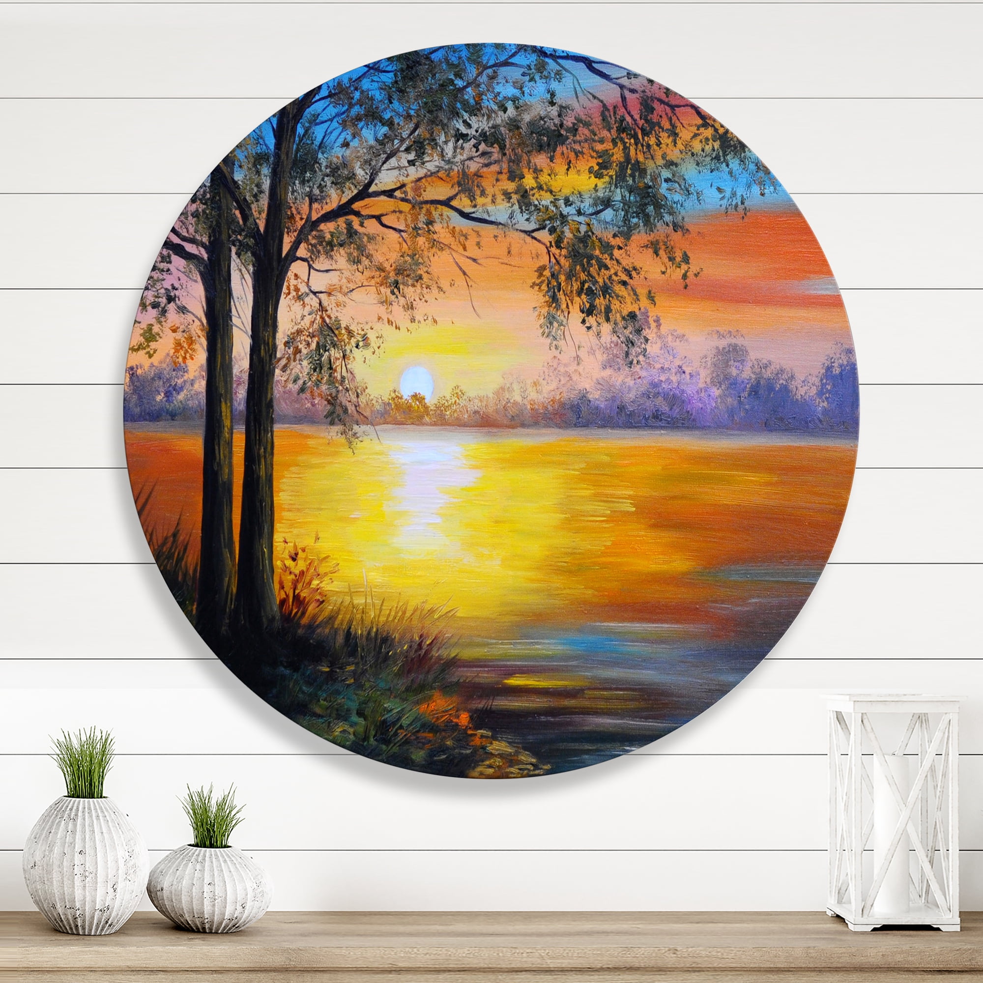 Designart 'Tree Near The Lake in Evening' Traditional Circle Metal Wall Art 23x23 - Disc of 23