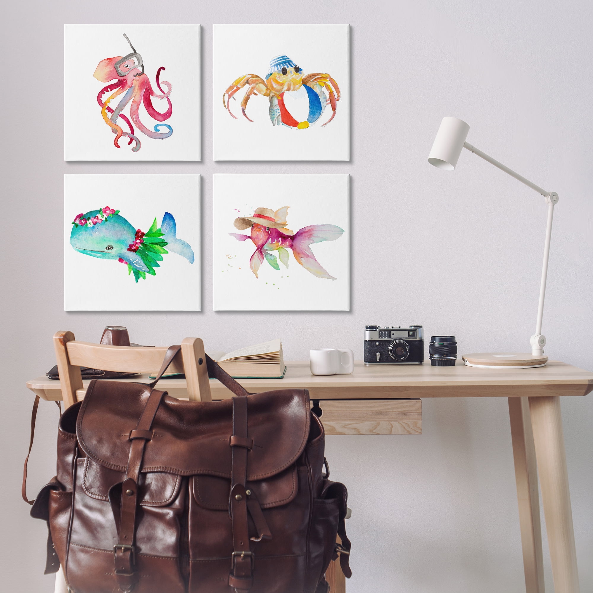 Stupell Industries Sea Creatures at Beach Nautical & Beach Painting Wrapped Canvas Art Print Wall Art, 17 x 17, Set of 4