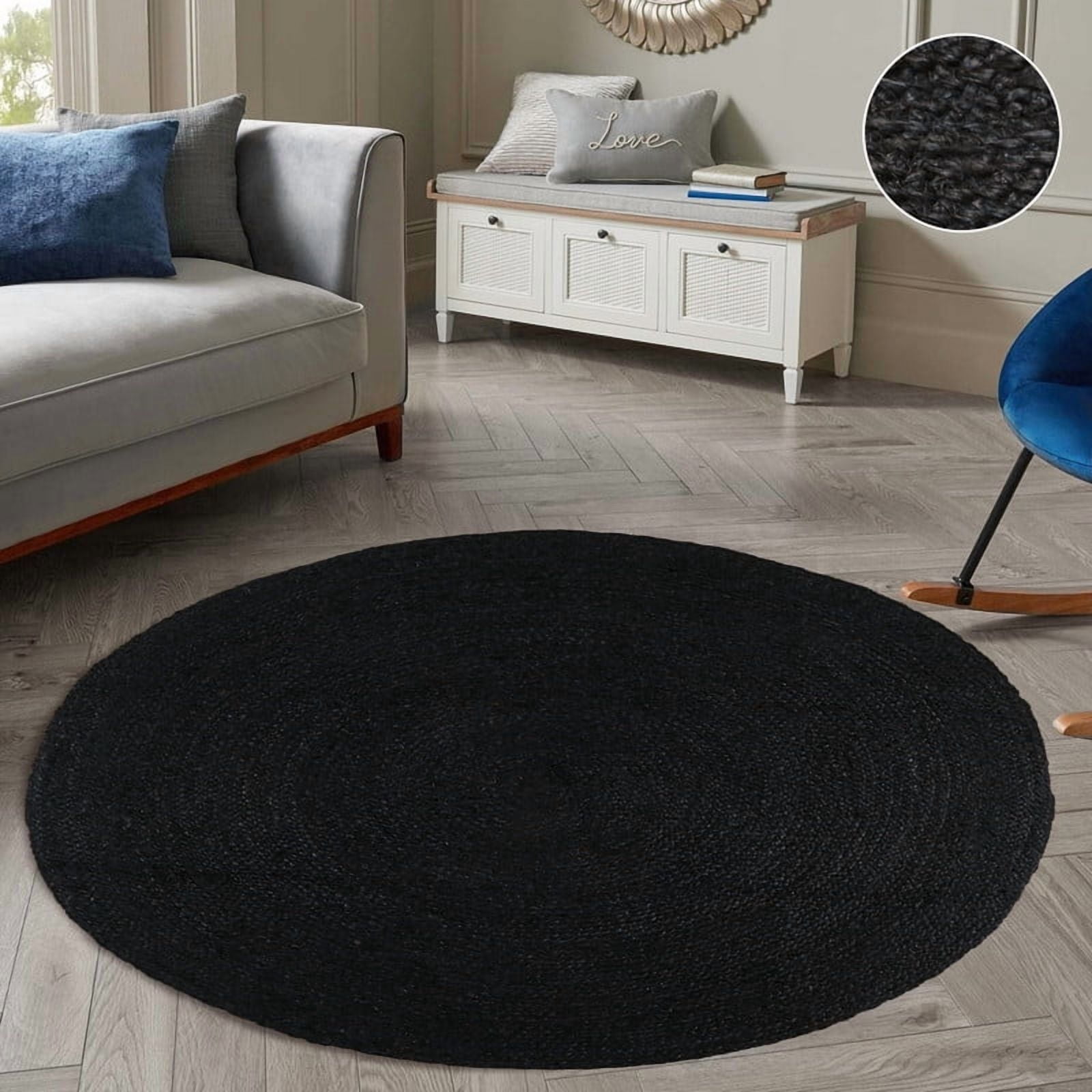 Round Natural Jute Rug, Rustic Boho Coastal Farmhouse Reversible Mat, Black Scalloped, 3 FT