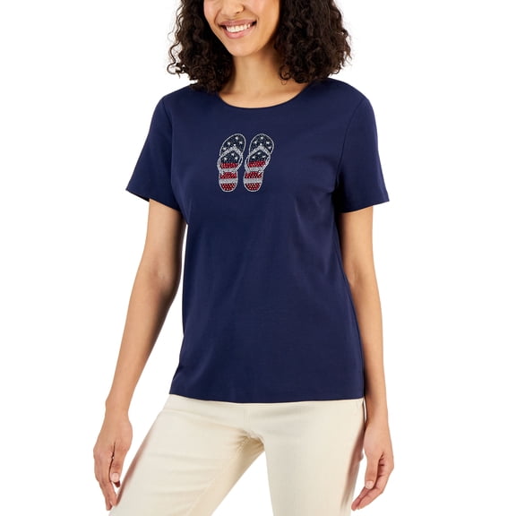 Karen Scott Petite Embellished Flip Flop T-Shirt intrepid blue PM