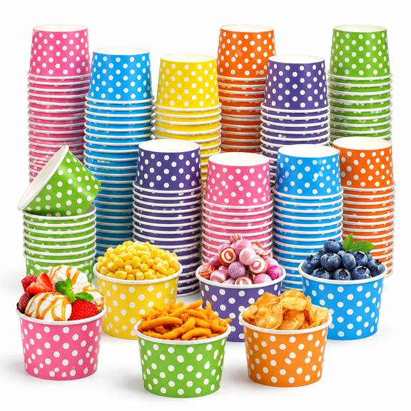 300 Count 8oz Polka Dots Disposable Paper Food Cups For Dessert, Snacks, And Parties
