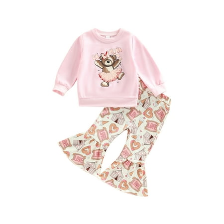 

EYIIYE Kids Girl Spring Fall Casual Outfits Little Bear Print Long Sleeve Pullover Tops + Cartoon Print Flare Pants Set 1-5 Years