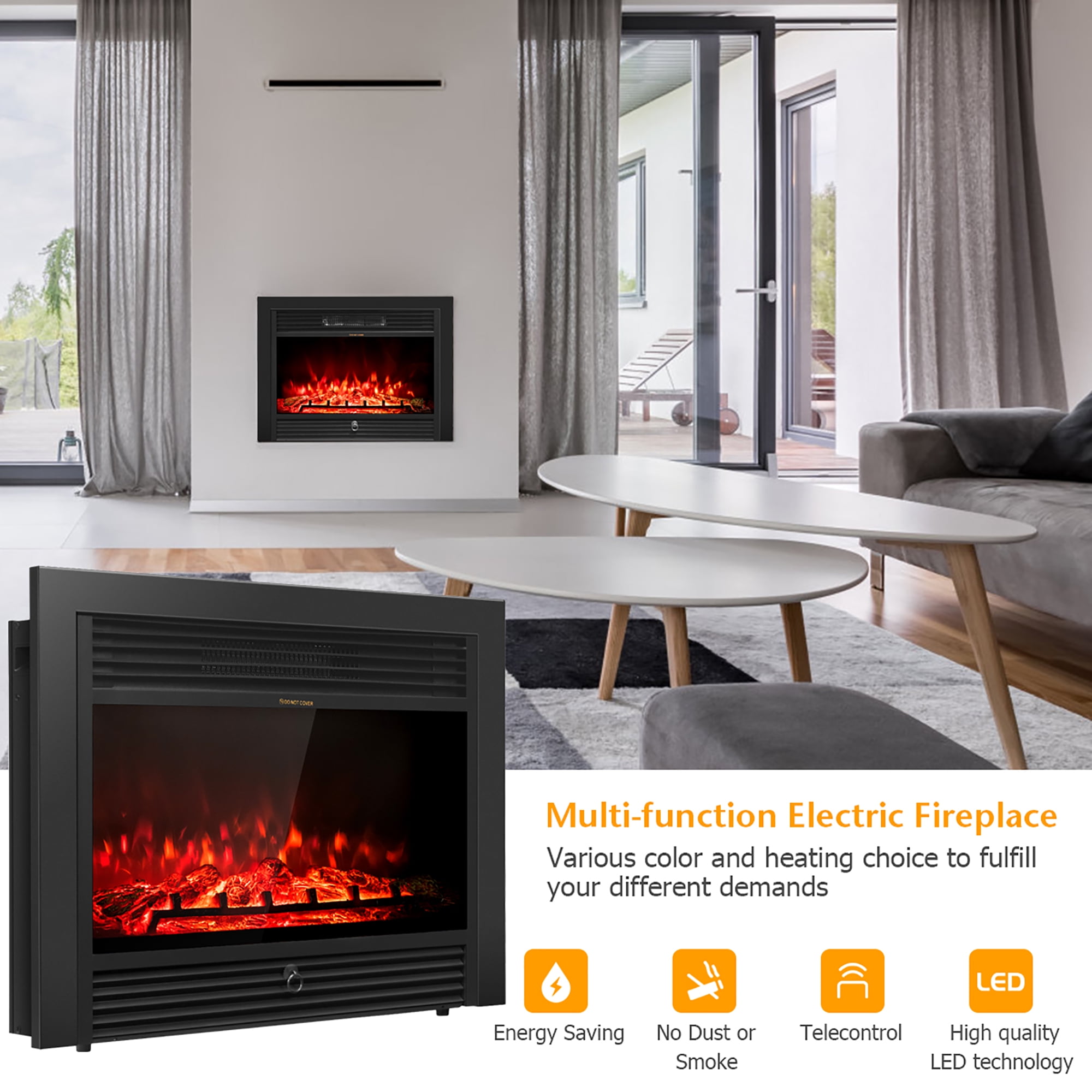 Costway 28.5 Fireplace Electric Embedded Insert Heater Glass Log Flame  Remote - Walmart.com