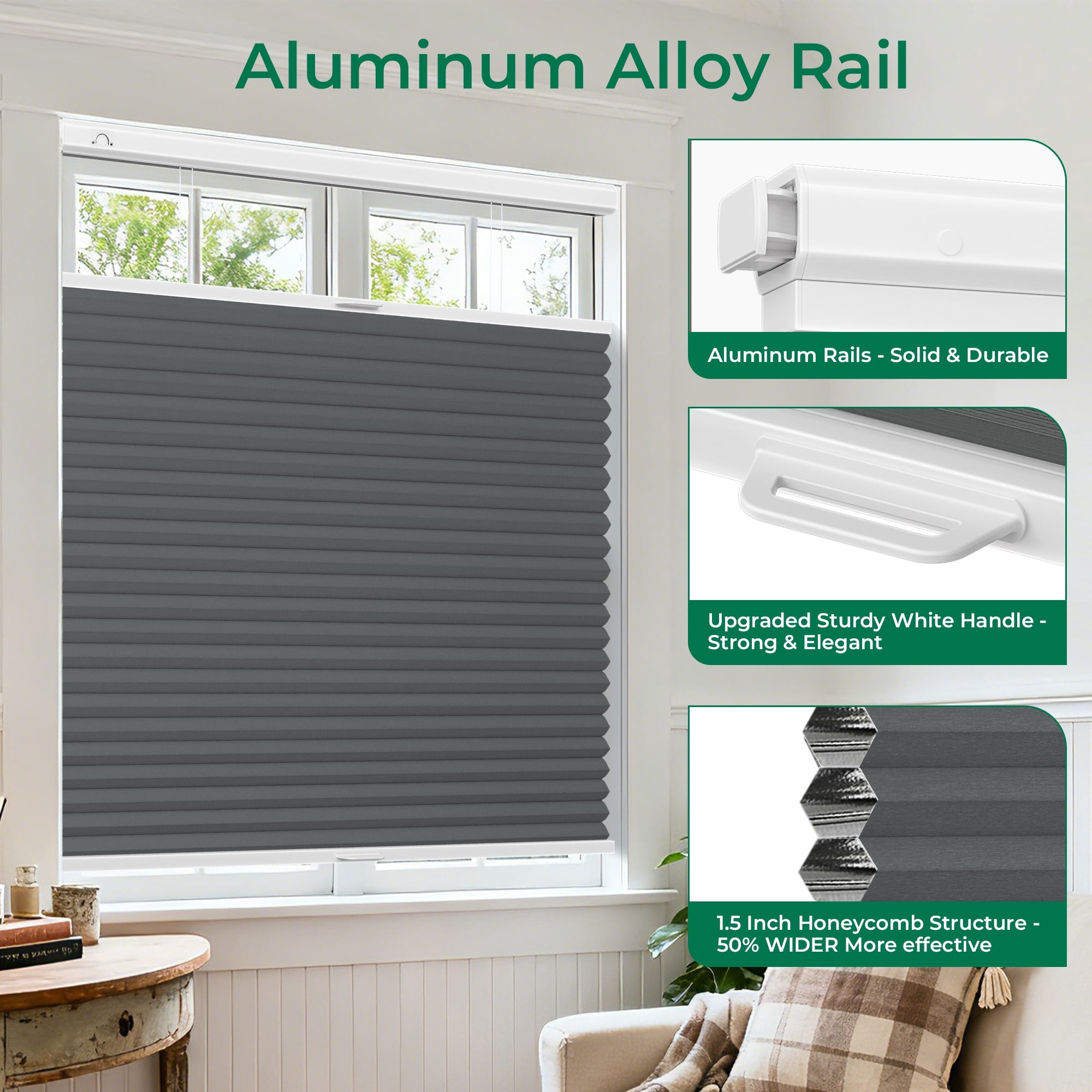 Allesin Zen No Drill No Tools Top Down Bottom Up Cellular Shades,Blackout Cordless Window Blinds for Indoor Windows,Easy to Install Honeycomb Blinds,White-Dark Gray(Blackout) 31" Wx64 H