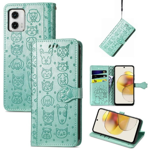 Funda Cartera FOXDOCK para MOTO G73 , Flip PU con Relieve de Gatos y Perros, Tarjetero y Soporte