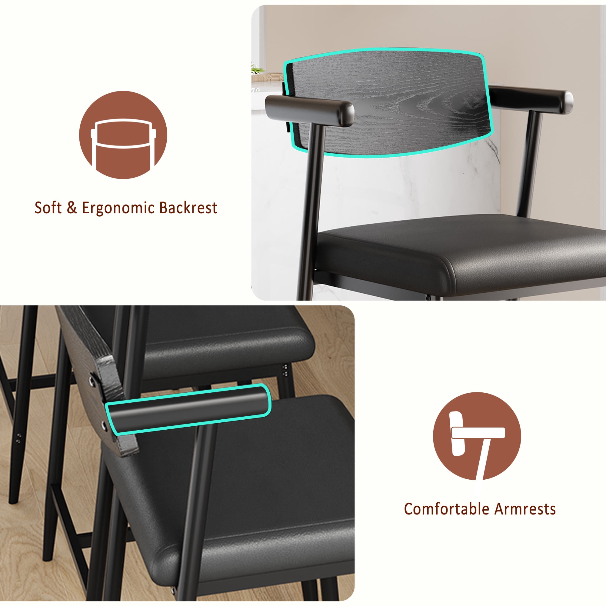 Modern Set of 2 Counter Height Bar Stools with Arms, Wooden Backrest, Wide Upholstered Seat, Metal Footrest – Easy Assembly, Perfect for Kitchen Island, Home Bar, Classic Black, Wooden Backrest