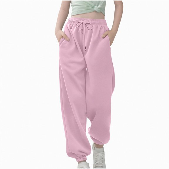 Leey-World Pants Girl Girl's Drawstring Waist Baggy Sweatpants Wide Leg Casual Loose Long Pants(Light Pink,9-10 Years)