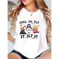 thumbnail image 1 of T-Shirt Graphique d'Halloween pour Femmes - "Come We Fly" T-Shirt Décontracté à Manches Courtes, Mélange de Polyester Doux, Lavable en Machine, Noir avec Design Blanc & Orange Fête des Pères, Fête des Mères, Nouvel An, Printemps, 1 of 7