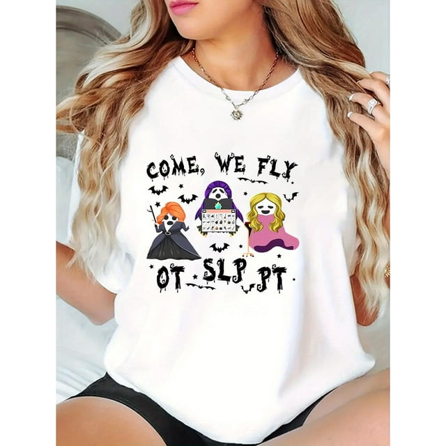 T-Shirt Graphique d'Halloween pour Femmes - "Come We Fly" T-Shirt Décontracté à Manches Courtes, Mélange de Polyester Doux, Lavable en Machine, Noir avec Design Blanc & Orange Fête des Pères, Fête des Mères, Nouvel An, Printemps