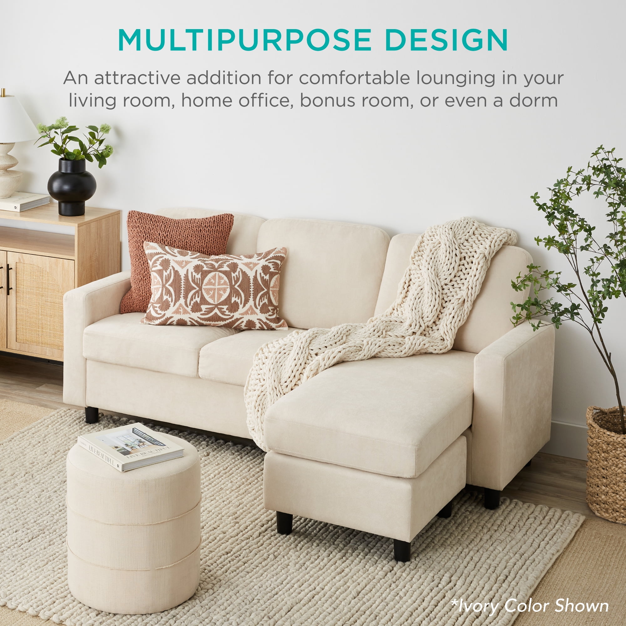 Best Choice Products Linen Sectional Sofa Couch w/ Chaise Lounge, Reversible Ottoman Bench - Aqua