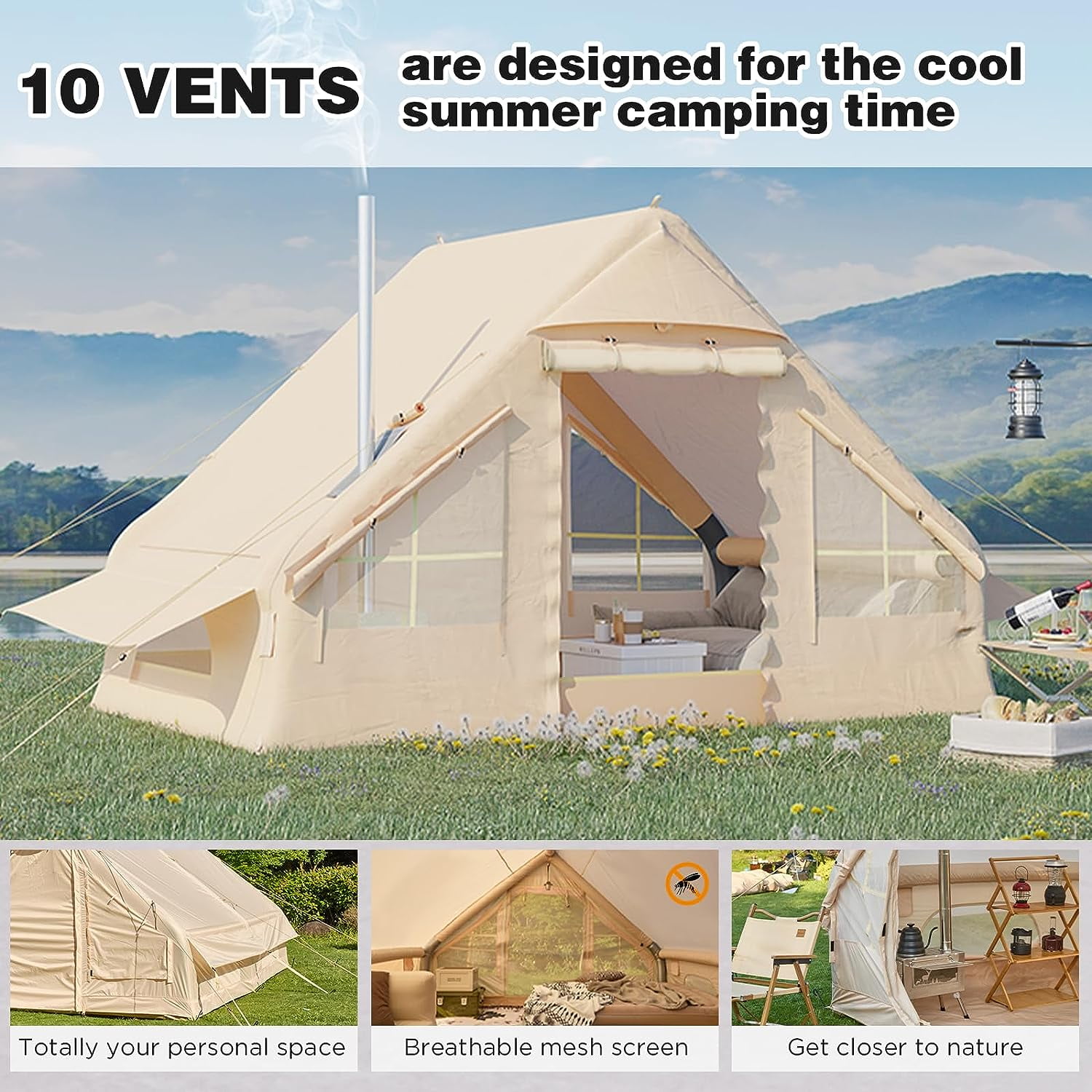EROMMY EROMMY Inflatable Tents for Camping, 4-6 Person Waterproof Oxford Blow Up Tent, Easy Setup with Hand Pump, Portable Cabin Tent with Stove Jack