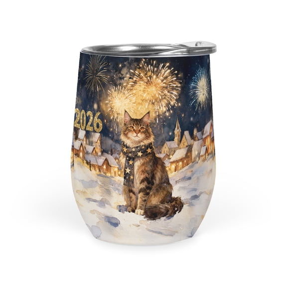 Maine Coon Happy New Year 2026 with Fireworks on New Year's Eve 12oz Stainless Steel Wine Tumbler Insulated Cup with Lid Cat Lover Kitten Owner Gifts - 12022