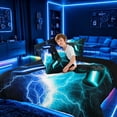 thumbnail image 4 of meiyoeat Neon Lightning Gaming Full Size Comforter Sets for Boys Girls, Electric Gamer Bedding Sets, Blue Cyan, Black Reversible 3-Piece, 1 Comforter and 2 Pillowcases, 4 of 6