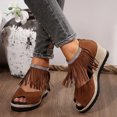thumbnail image 2 of Rokment Women's Bling Rhinestones Fringe Platform Wedge Sandals Boho Beach Summer Fall Suede Peep Toe Espadrilles Chunky High Heels Dress Shoes Brown Size 8, 2 of 5