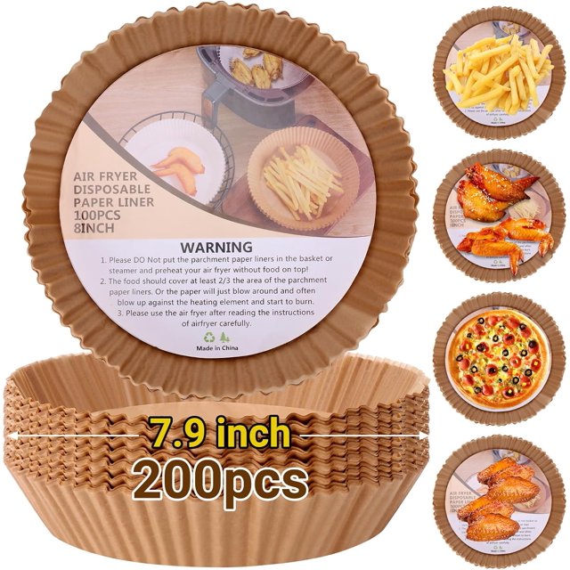 200PCS Air Fryer Liners 9 Inch - Non Stick Air Fryer Paper & Baking Liners for 5-7L Baskets, Oil-Proof Microwave Safe Parchment Sheets, 428°F Heat Resistant (7.9" Base)