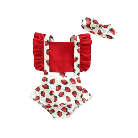 

Bagilaanoe Newborn Baby Girl Ruffle Bodysuit Romper Strawberry Sleeveless Backless One Piece Shorts Jumpsuit Summer 0-18M