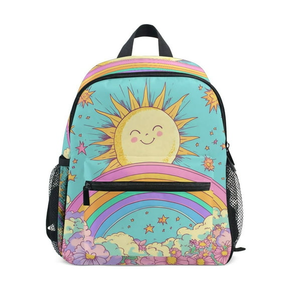 FORMRS School Backpack with Front Zippered Pocket 12" Elementary Student Travel Daypack, Retro Blue Rainbow