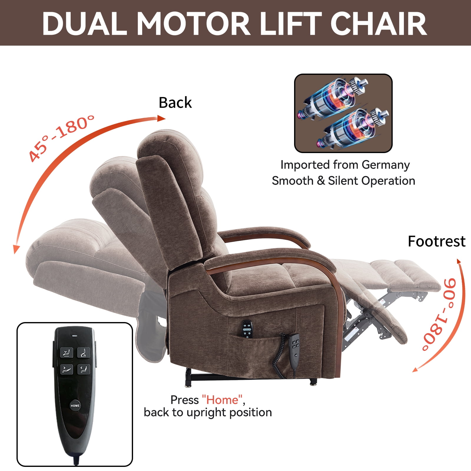 Gewnee Power Lift Recliner Chair with Heat and Massage,Lay Flat Assist Recliner with Side Pocket & Solid Wood Armrest,Lift Chair for Living Room.Brown Chenille