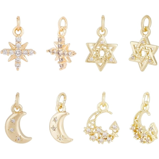 8 piezas de dijes de estrella y luna de latón chapado en oro real de 18 k con circonita cúbica, 4 estilos de dijes de latón con anillos de salto, dije de estrella