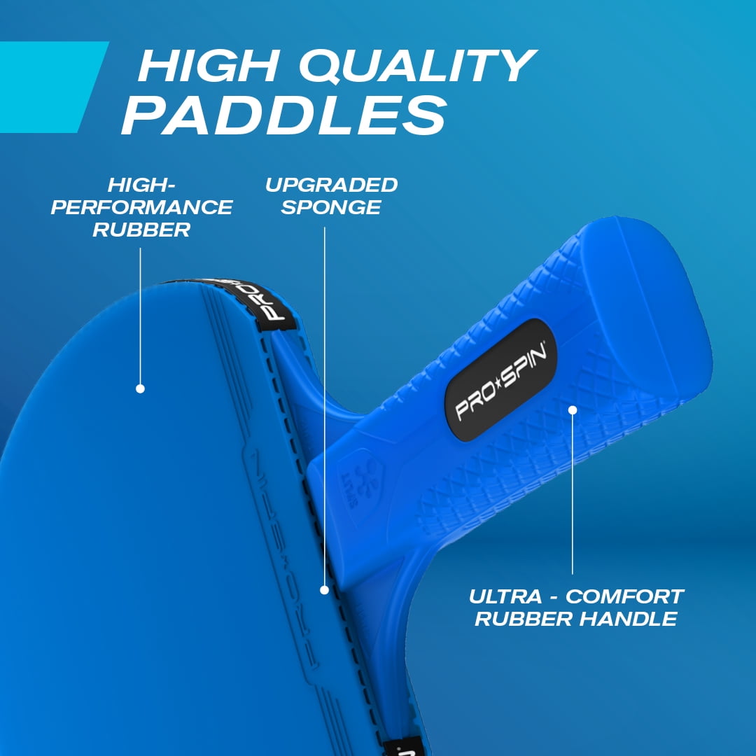 PRO-SPIN All-in-One Portable Ping Pong Set with Retractable Net, High-Performance Ping Pong Paddles, Ultra Comfort Handles
