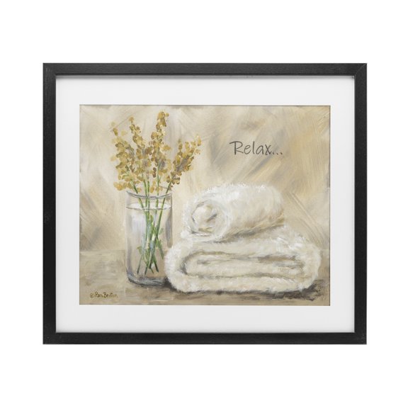 Stupell Industries Cottage Relax Bath Towel & Botanicals Black Framed Print Under Glass, 16 x 13, by Pam Britton