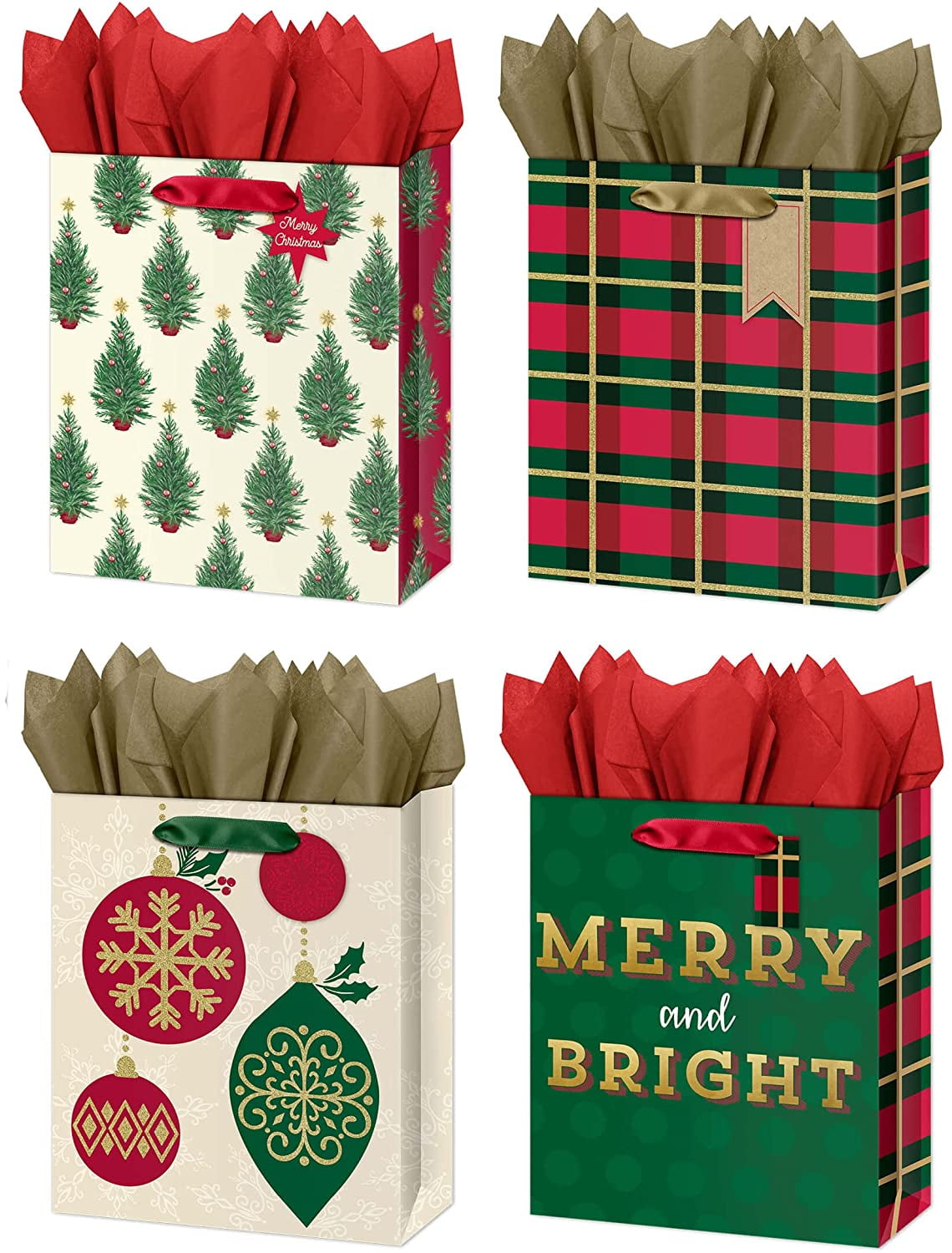 Christmas Design Large Glitter Gift Bags With Tags, 10" x 5" x 12.5" (4