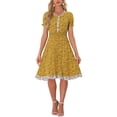 thumbnail image 1 of Vestido de verano con flores de INSPIRE CHIC para mujer, con cuello de volantes, cintura fruncida y mangas cortas, color amarillo, 1 of 1