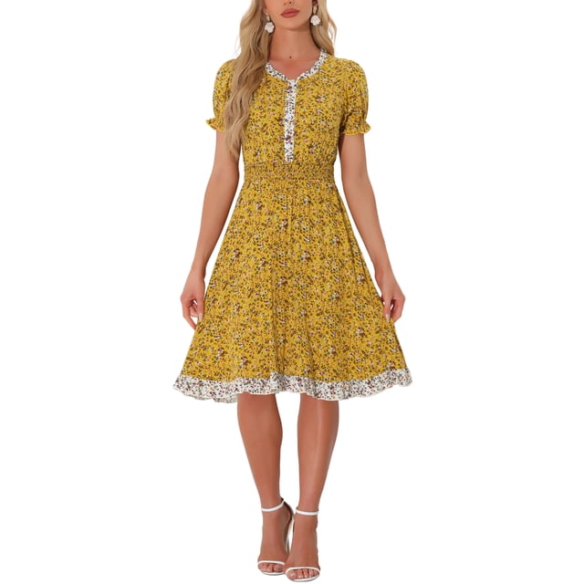 Vestido de verano con flores de INSPIRE CHIC para mujer, con cuello de volantes, cintura fruncida y mangas cortas, color amarillo