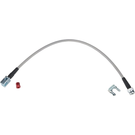 Speedway Motors 21” Length Rear Stainless Steel Braided Brake Hose with Mounting Block, Universal Rear Fit Custom Builds, Durable High-Strength Flexible Line