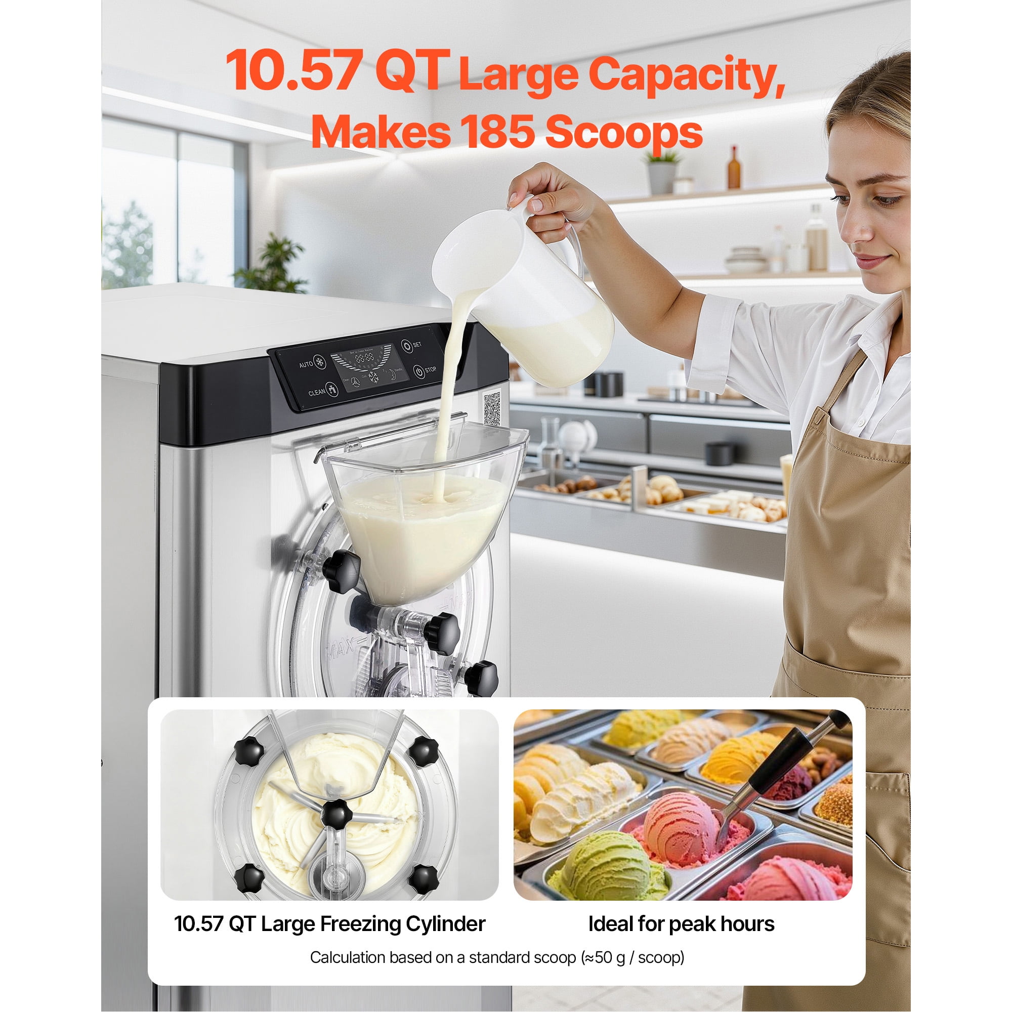 KFFKFF Commercial Hard Ice Cream Maker, 2400W, Produces 3.17-5.28 Gallons per Hour, Gelato Machine with 10L Stainless Steel Cylinder, Auto-Clean Function and LED Control Panel for Snack Bars