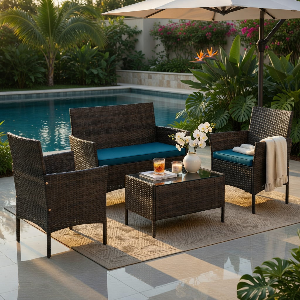 Hommoo 4-Piece Outdoor Rattan Patio Conversation Set with Plush Seat Cushions, PE Wicker, Tempered Glass Coffee Table, Peacock Blue