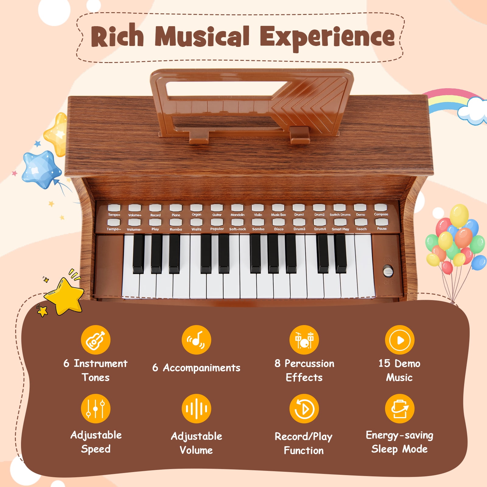 Patiojoy 25 Lighted Keys Kids Piano Keyboard with Stool Mini Digital Piano Wooden Toy Brown