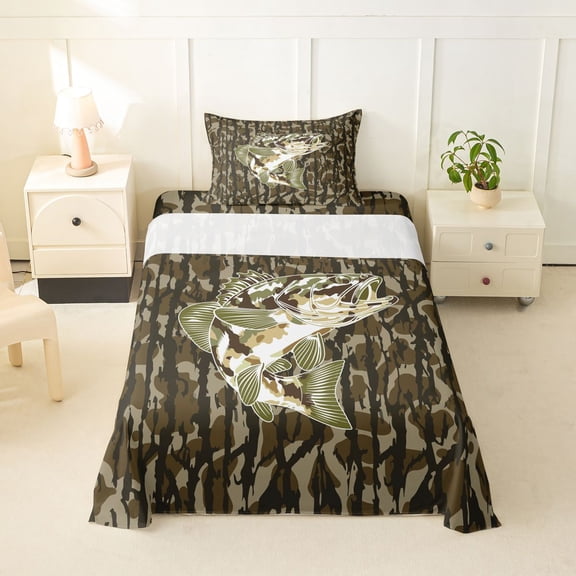 Feelyou Largemouth Bass Fish Twin Sheet Sets for Men, Farmhouse Wooden Camo Bedding, Brown Green, 3-Piece