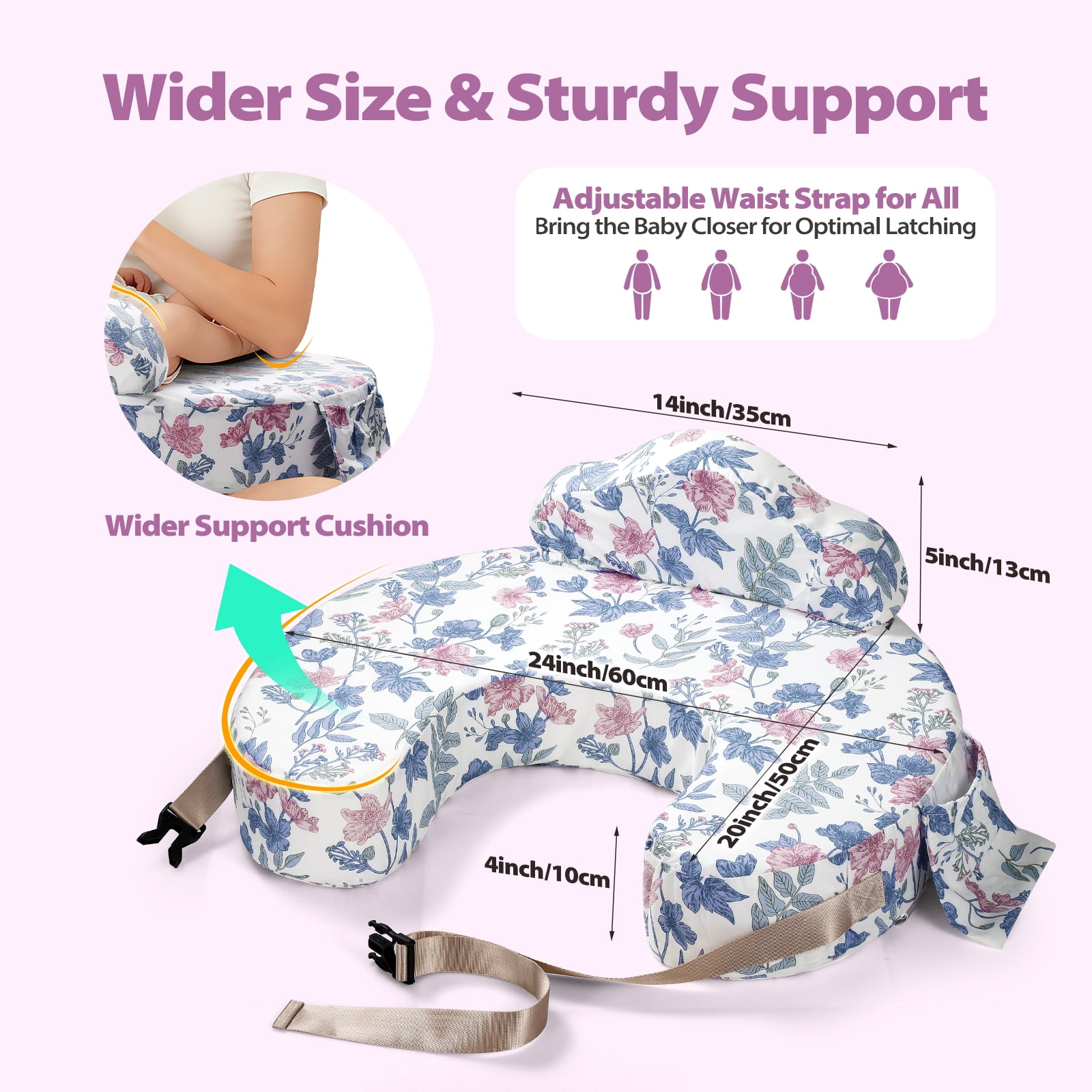 ACGROW Nursing Pillow - Memory Foam Bottle & Breastfeeding Pillow with Safety Fence - Ergonomic Support, with Wider Breast Feeding Cushion, Adjustable, Removable Cover, Baby Safety Certified Violet