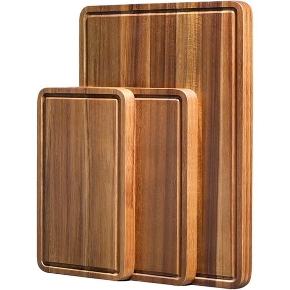 Kitchen Wooden Cutting Board Set of 3, Thick Cutting Boards, Large Wooden Cutting Board Set with Deep Juice Slots and Handles, Wooden Trays for Meat, Fruit and Cheese