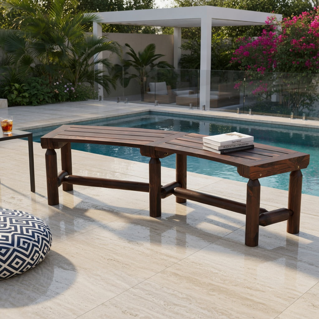 Hommoo Outdoor Curved Patio Bench for Round Tables, Slatted Wood Bench, 55" Seating, Easy Assembly, Rustic Brown