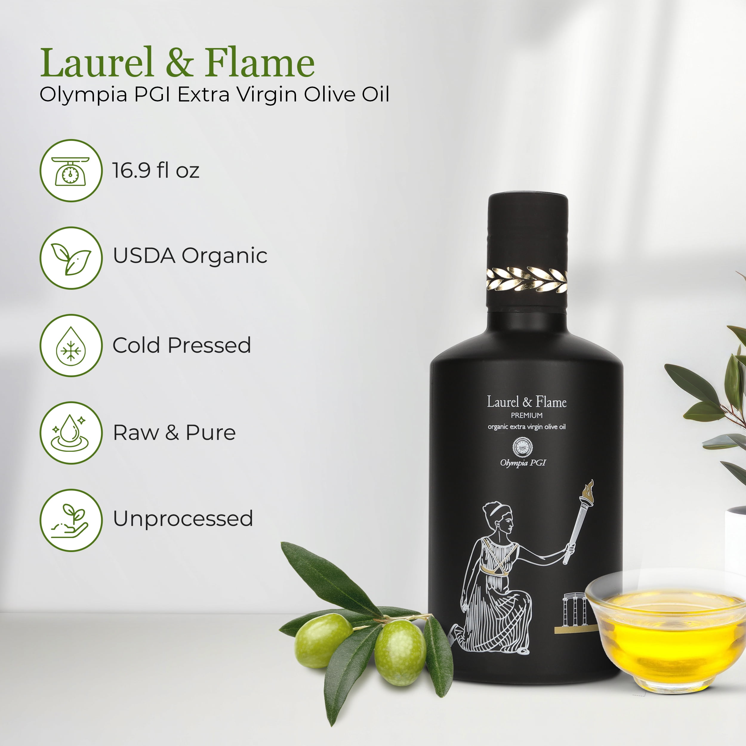 Laurel & Flame Premium Olympia PGI Extra Virgin Olive Oil, USDA-Organic, New Harvest, 16.9 fl oz (pack of 6)