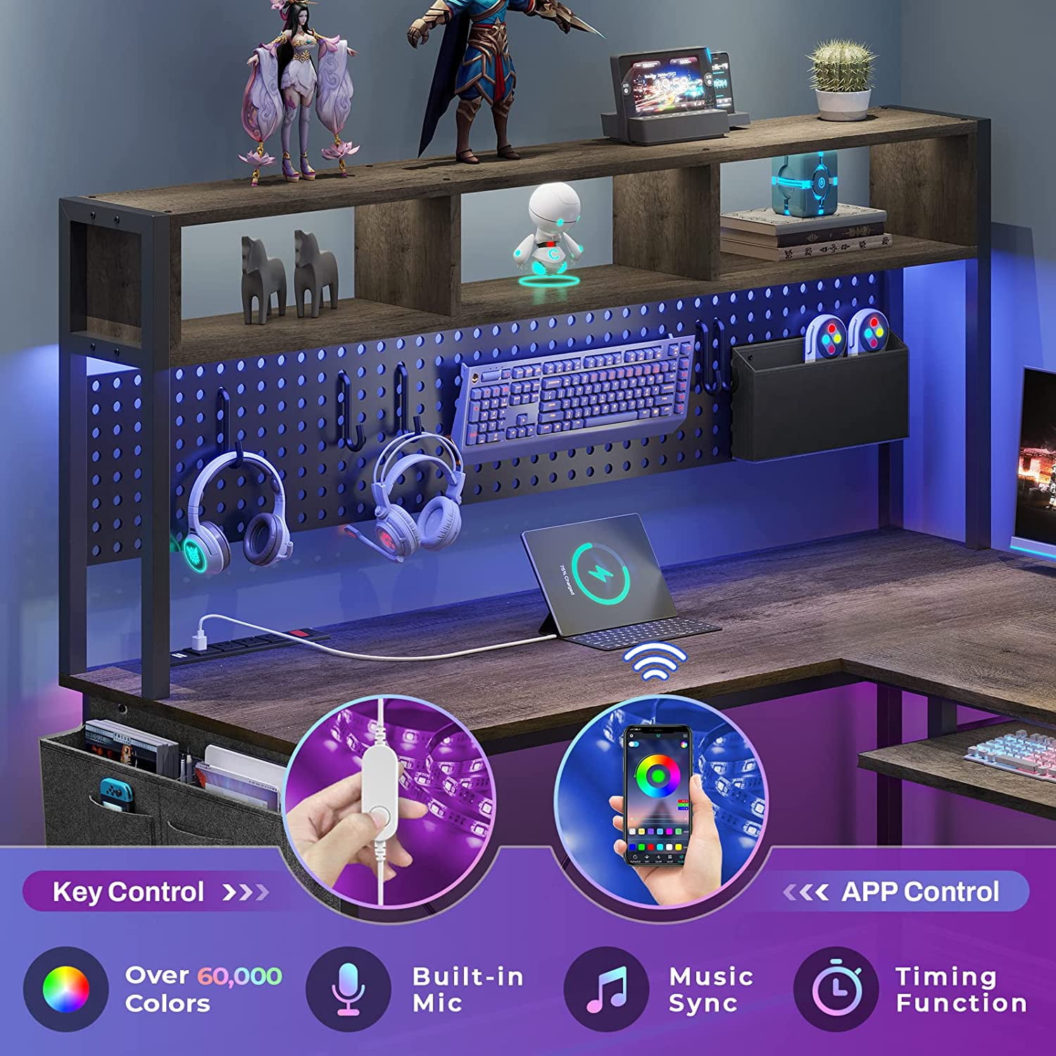 Reversible Gaming Desk with LED Lights & Power Strips, L-Shaped Computer Desk with Storage Shelves & Pegboard for Home Office, Dark Gray