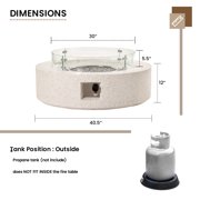 VENTOPYR Outdoor Propane Fire Pit Coffee Table w Terrazzo White 40.5-inch Round Base Patio Heater, Wind Guard, Transparent Gray Fire Glass, Rain Cover