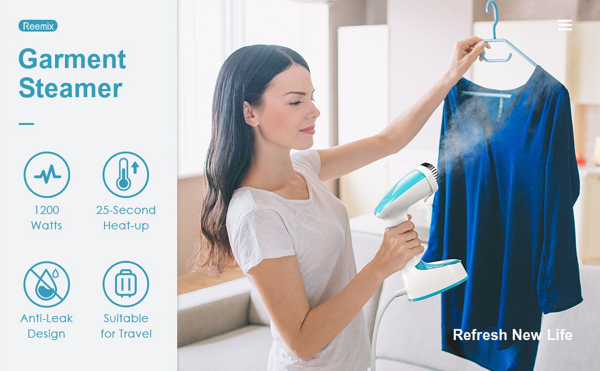 Reemix Steamer for Clothes, Folding Handheld Design Garment Wrinkles Remover, 20g/min Strong Penetrating Steam, 25-Sec Fast Heat-up, for Home, Office and Travel
