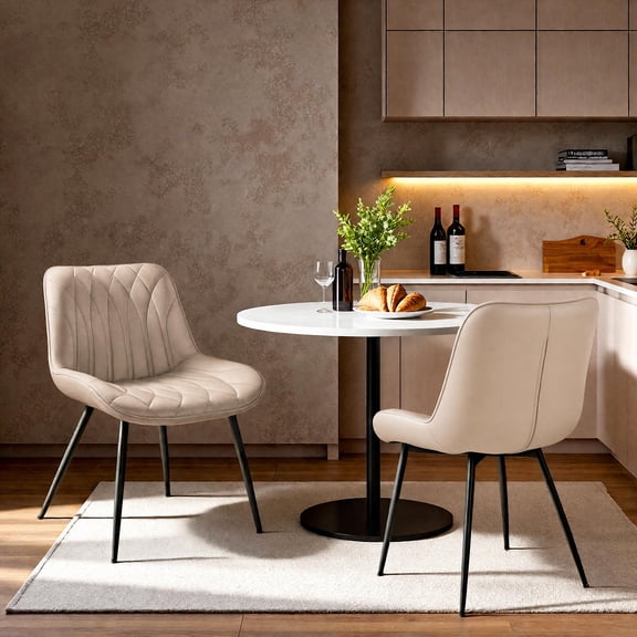 Leather Dining Chairs Set of 2, Modern Dining Room Chairs with Thick Cushions, Upholstered Faux Leather Cushion Seat and Sturdy Metal Legs, Beige