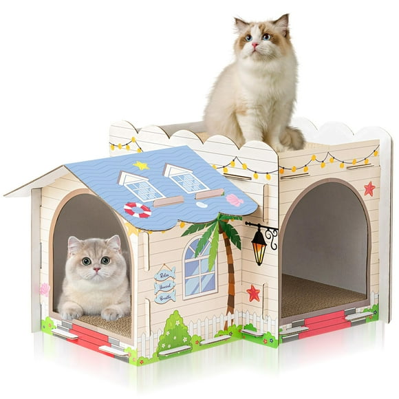 Villa de cartón de dos pisos con sombreado de líneas Cat House, 45 x 27 x 30 cm
