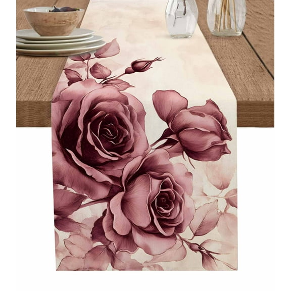 Table Runner Dresser Scarf 13 x 70 Inch Spring Rose Watercolor Flowers Retro Elegant Floral Table Runners Non-Slip Heat Kitchen Dining Table Decor for Indoor Outdoor Home Party Decoration