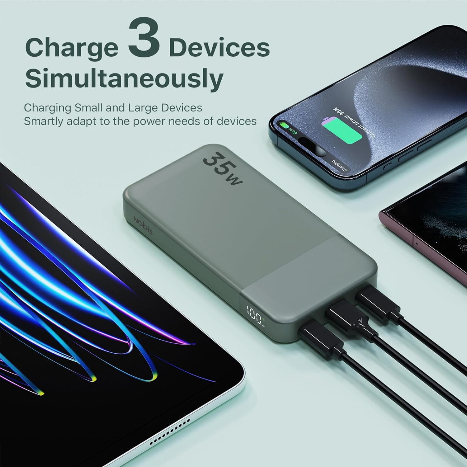 Portable Charger, 10000mAh Fast Charging, Battery Pack with C to C Cable, Battery Bank with Digital Display for iPhone iPad Android etc (Green, 35W)