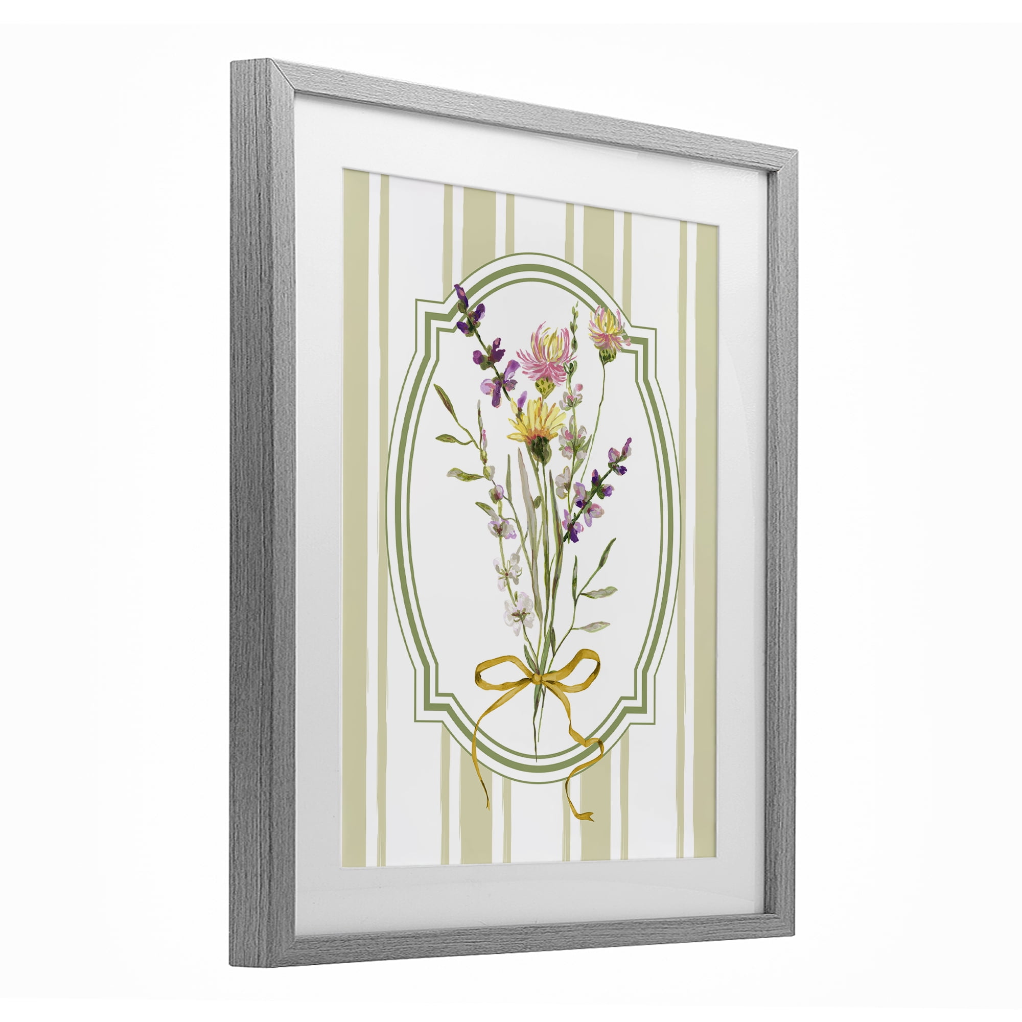 Wildflowers Bouquet Classic Stripes Gray Framed Print Under Glass, design by Adonna Ebrahimi