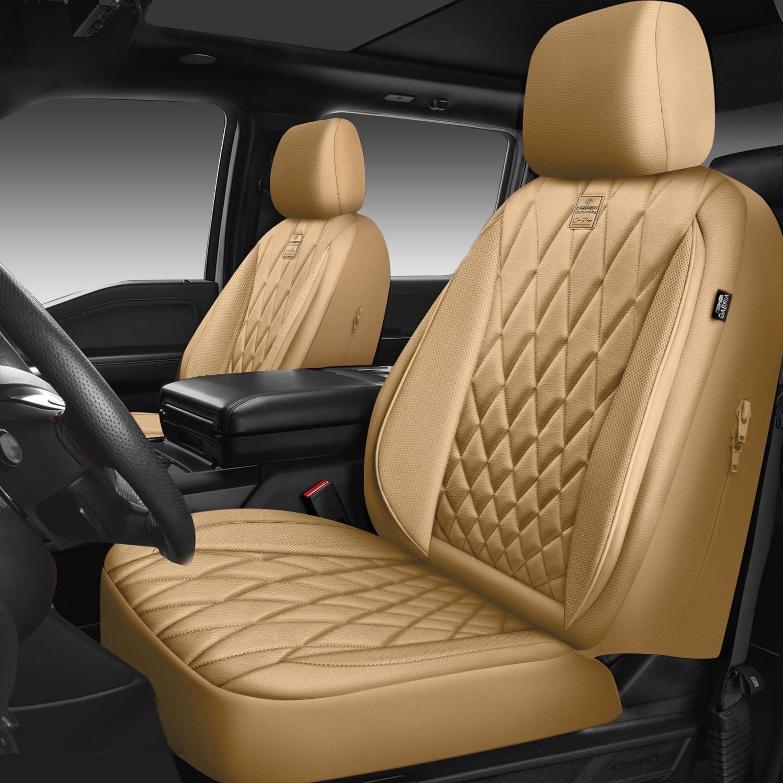 CAR GRAND Piping Luxury Faux PU leather Full Set Car Seat Covers Water Proof Armrest Airbag Compatible Universal Fit SUV VAN Truck All beige